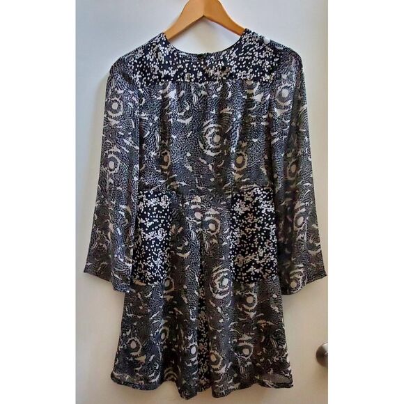 Walter Baker Dress 0 Black/Tan Print Soft Pleats Ruffled Lined Bodice Sheer Arms - Picture 2 of 8